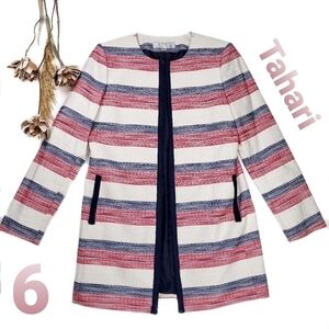 🔴 New TAHARI White Blue Red Stripe Long Coat Size 6
